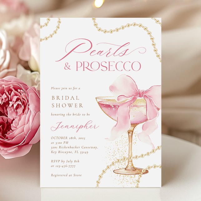 Pink Bow Pearls and Prosecco Bridal Shower  Invitation (Creator Uploaded)