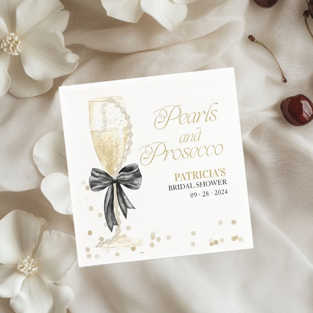 Pink Bow Pearls And Prosecco Bridal Shower Napkins (Creator Uploaded)