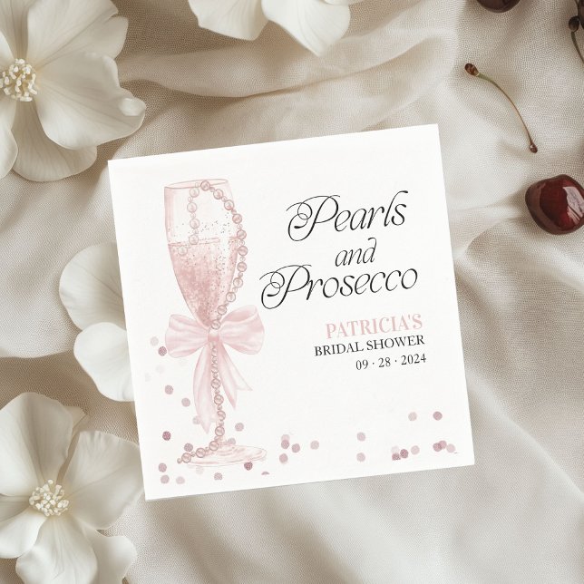 Pink Bow Pearls And Prosecco Bridal Shower Napkins (Creator Uploaded)