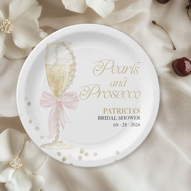 Pink Bow Pearls And Prosecco Bridal Shower Paper Plates (Creator Uploaded)
