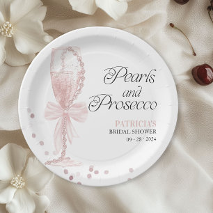 Pink Bow Pearls And Prosecco Bridal Shower Paper Plates