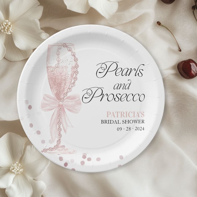 Pink Bow Pearls And Prosecco Bridal Shower Paper Plates (Creator Uploaded)