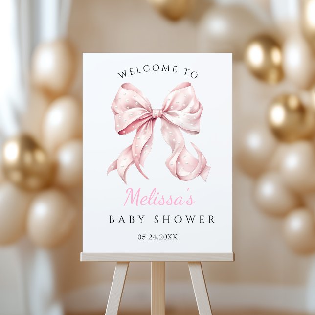 Pink Bow Pearls Baby Shower Girl Welcome sign (Creator Uploaded)
