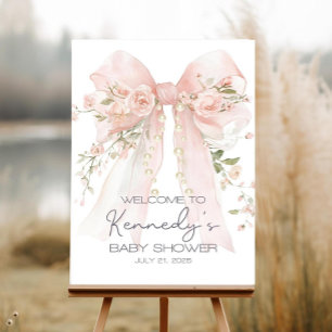 Pink Bow Pearls Baby Shower Welcome Sign Template