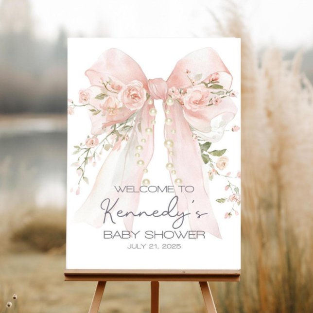 Pink Bow Pearls Baby Shower Welcome Sign Template (Creator Uploaded)