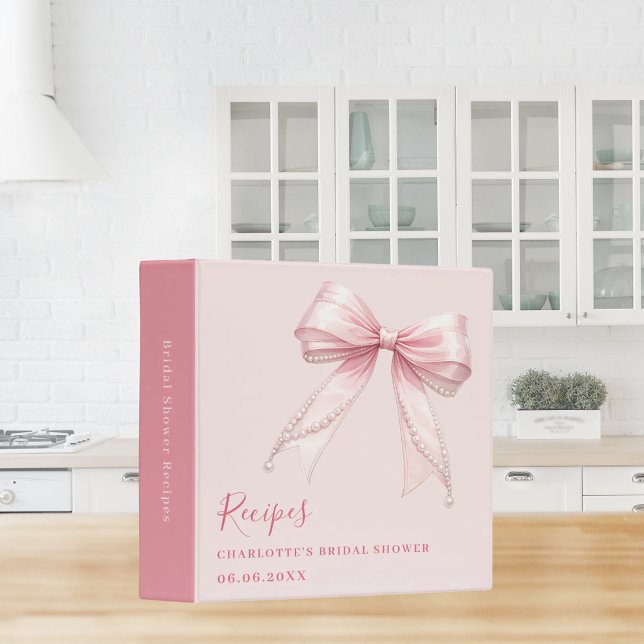 Pink bow pearls Bridal Shower recipe 3 Ring Binder (Creator Uploaded)