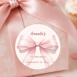 Pink bow pearls coquette Birthday Classic Round Sticker