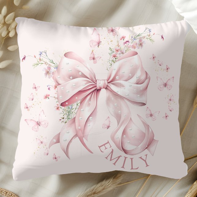 Pink Bow Pearls Coquette Girly Throw Pillow (Elegant Pink Bow Pearls and Floral Girly Pillow)