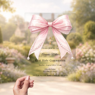 Pink bow pearls elegant luxury First Communion Acrylic Invitations