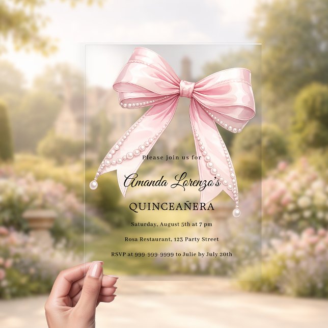 Pink bow pearls elegant Quinceanera luxury clear Acrylic Invitations (Creator Uploaded)