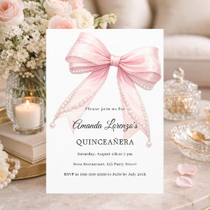Pink bow pearls elegant Quinceanera luxury Invitation