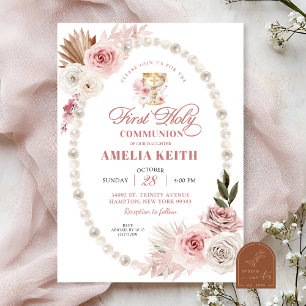 Pink Bow Pearls First Holy Communion Christening Invitation