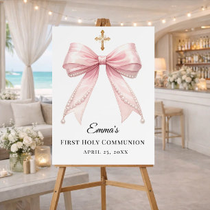 Pink bow pearls First Holy Communion welcome Foam Board