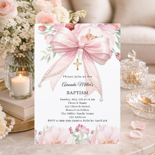Pink bow pearls florals girl Baptism Invitation