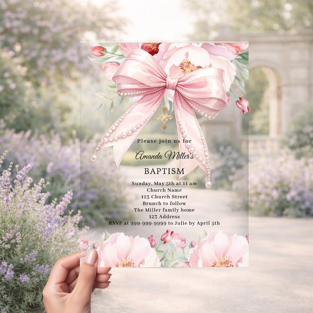 Pink bow pearls florals girl clear Baptism Acrylic Invitations (Creator Uploaded)