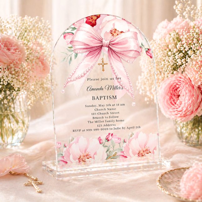 Pink bow pearls florals girl clear Baptism arch Acrylic Invitations (Creator Uploaded)