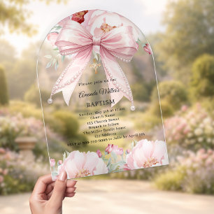 Pink bow pearls florals girl clear Baptism arch Acrylic Invitations