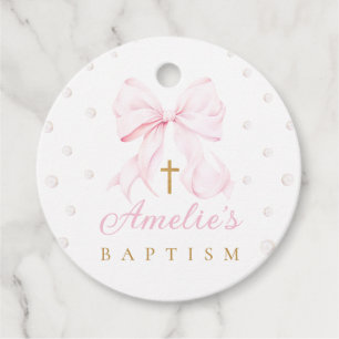 Pink Bow Pearls Girl Baptism Favor Tags