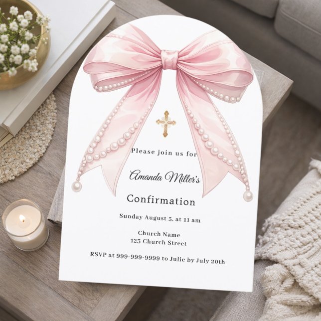 Pink bow pearls girl elegant Confirmation Arch Invitation (Creator Uploaded)