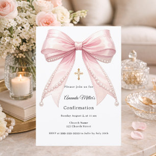Pink bow pearls girl elegant Confirmation Invitation