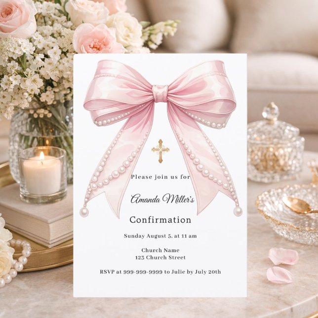 Pink bow pearls girl elegant Confirmation Invitation (Creator Uploaded)