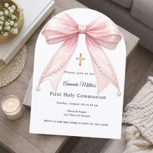 Pink bow pearls girl elegant First Communion Arch Invitation