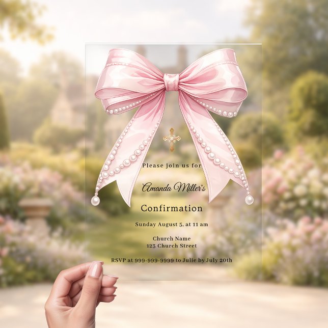 Pink bow pearls girl elegant luxury Confirmation Acrylic Invitations (Creator Uploaded)
