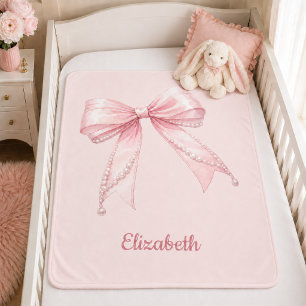 Pink bow pearls girl name baby blanket