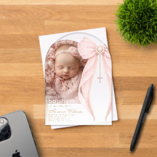 Pink Bow Pearls Photo Baby girl Baptism Acrylic Invitations