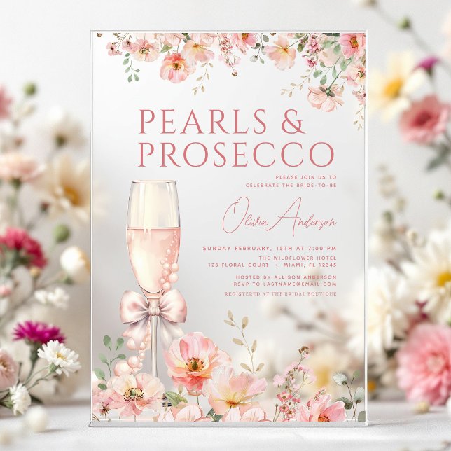 Pink Bow Pearls & Prosecco Bridal Shower  Acrylic Invitations (Creator Uploaded)