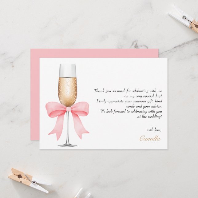 Pink Bow Pearls & Prosecco Bridal Shower Thank You Invitation (Front/Back In Situ)