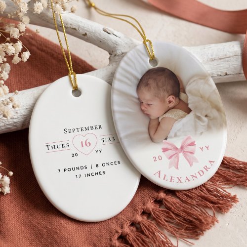 Pink Bow Personalized Baby Name Photo Birth Stats Ceramic Ornament