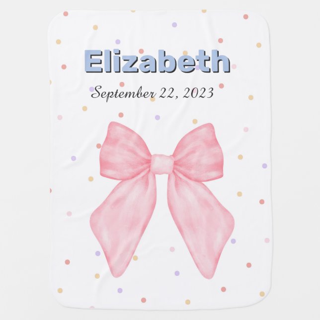 Pink Bow Personalized Custom Name Girl Baby Blanket (Front)