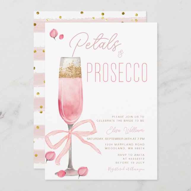  Pink Bow Petals and Prosecco Bridal Shower  Invitation (Front/Back)