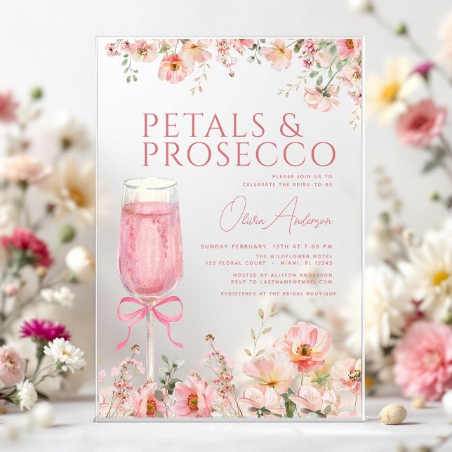 Pink Bow Petals & Prosecco Blush Bridal Shower  Acrylic Invitations (Creator Uploaded)