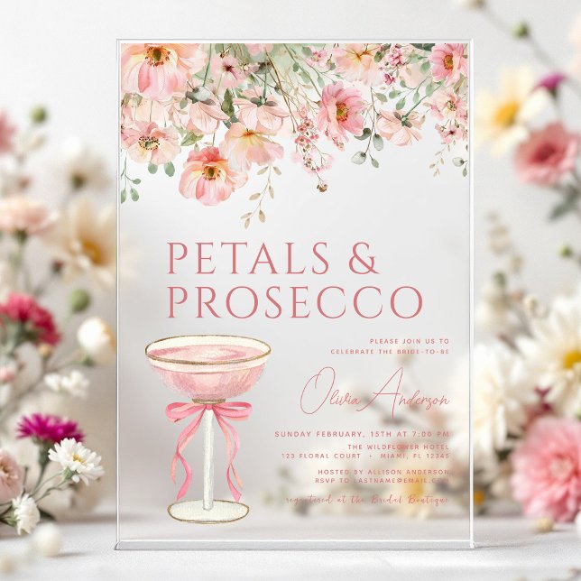 Pink Bow Petals & Prosecco Blush Bridal Shower  Acrylic Invitations (Creator Uploaded)