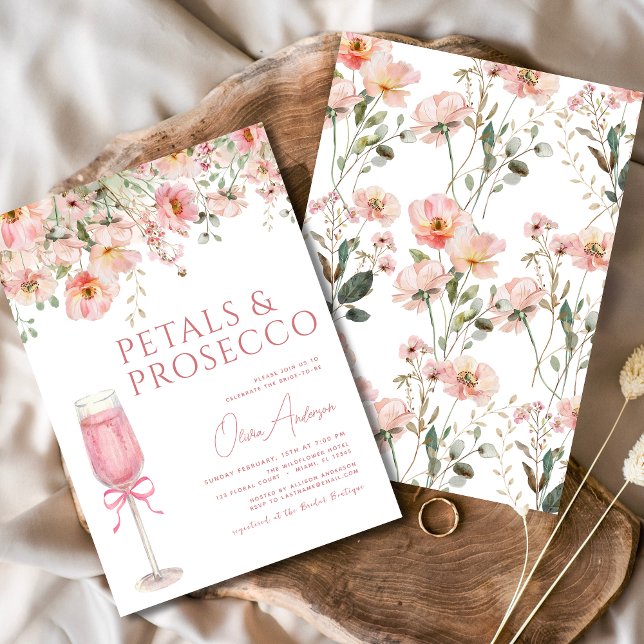 Pink Bow Petals & Prosecco Blush Bridal Shower  Invitation (Creator Uploaded)