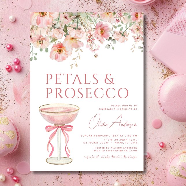 Pink Bow Petals & Prosecco Blush Bridal Shower  Invitation (Creator Uploaded)
