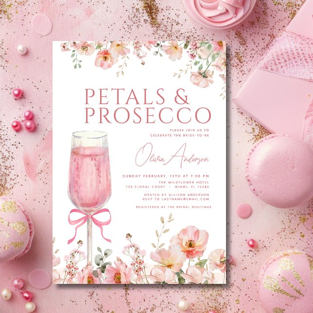 Pink Bow Petals & Prosecco Blush Bridal Shower  Invitation (Creator Uploaded)