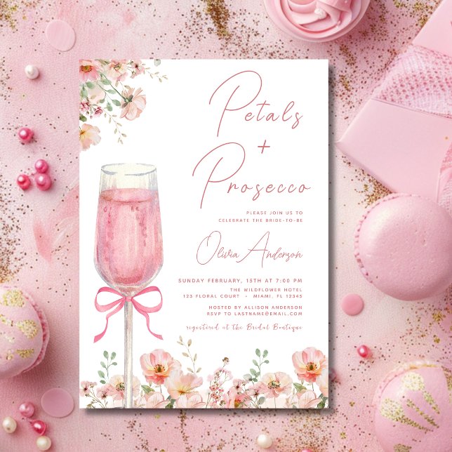 Pink Bow Petals & Prosecco Blush Bridal Shower  Invitation (Creator Uploaded)