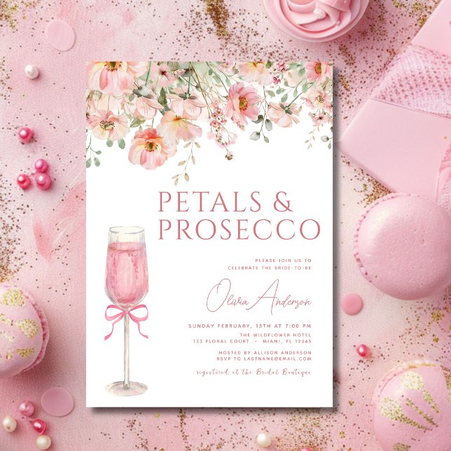 Pink Bow Petals & Prosecco Blush Bridal Shower  Invitation (Creator Uploaded)