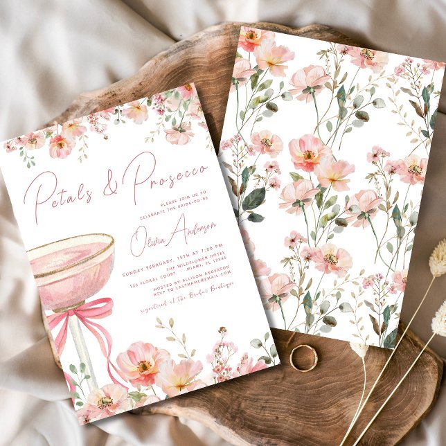 Pink Bow Petals & Prosecco Blush Bridal Shower  Invitation (Creator Uploaded)