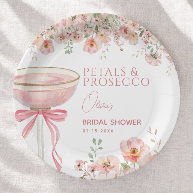 Pink Bow Petals & Prosecco Blush Bridal Shower  Paper Plates (Creator Uploaded)