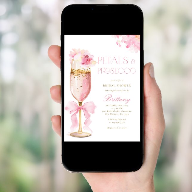 Pink Bow Petals Prosecco Bridal Shower Invitation (Front Digital)