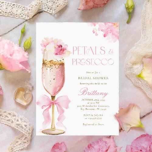Pink Bow Petals Prosecco Bridal Shower Invitation