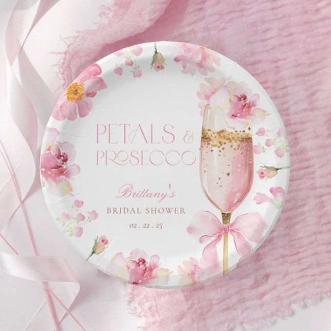 Pink Bow Petals Prosecco Bridal Shower Paper Plates (Creator Uploaded)