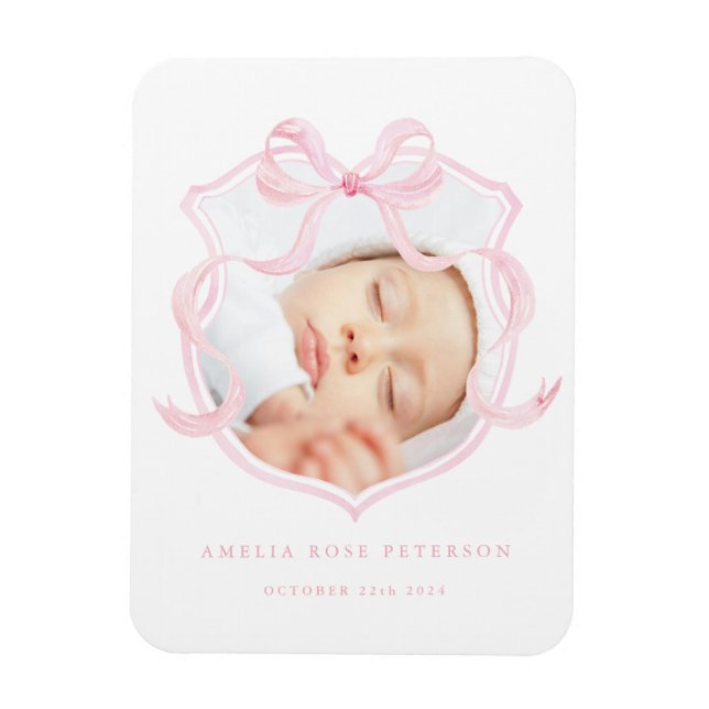 Pink Bow Photo Baby Girl Announcement Magnet (Vertical)