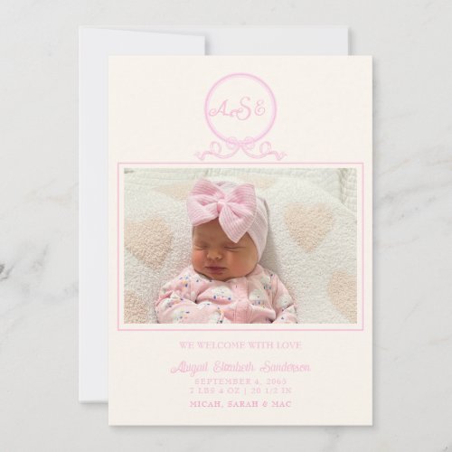 Pink Bow Photo Birth Announcement
