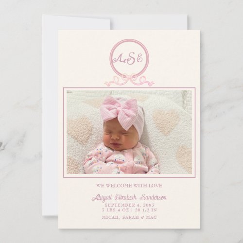 Pink Bow Photo Birth Announcement II