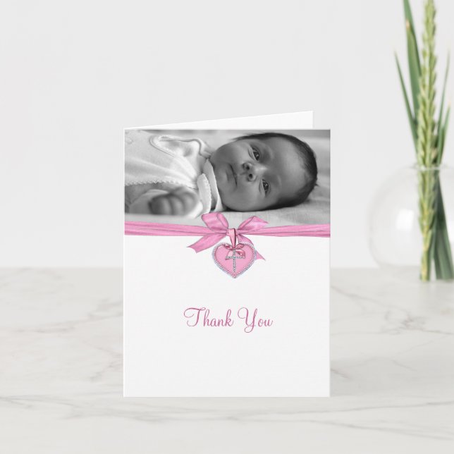 Pink Bow Photo Christening Thank You Cards (Front)
